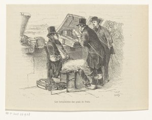 Kirjakauppias laiturilla Pariisissa Les bouquinistes des quais de Paris (otsikko esineessä) tekijältä Louis Ernest Lesage