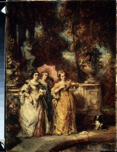 ""La promenade"" (Kävelymatka) Kolme nuorta tyttöä hyvästä perheestä puistossa. Louis Gabriel Eugene Isabeyn (1803-1886) maalaus 1852 Pushkin-museo, Moskova tekijältä Louis Eugene Gabriel Isabey
