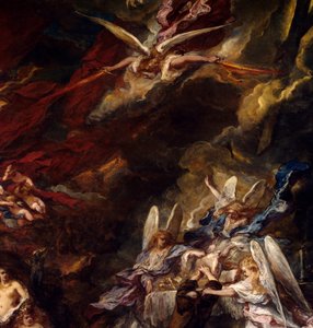 Pyhän Antoniuksen kiusaus Erakko Pyhä Antonius Suuri (251-356) joutuu autiomaassa paholaisen kiusauksiin. Yksityiskohta. Louis Gabriel Eugene Isabeyn (1803-1886) maalaus