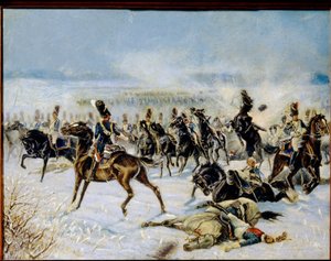 Eylaun taistelu, 20. helmikuuta 1807. (Preussisch Eylaun taistelu 8. helmikuuta 1807). Sotilaallinen yhteenotto Ranskan Napoleon I:n Grande Armeen (1769-1821) ja Venäjän imperiumin välillä. Louis Ferdinand Malespinan (1874-1940) teos, öljy n tekijältä Louis Ferdinand Malespina