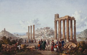 Näkymä Ateenan Akropolikselle Zeuksen temppelistä Olympiassa, n. 1786-87 tekijältä Louis Francois Cassas