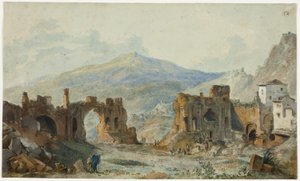 Taorminan muinainen teatteri ja näkymä Etna-vuorelle, tutkimus Saint Nonin Voyage Pittoresque de Napoli et de Sicile -teosta varten. tekijältä Louis Francois Cassas