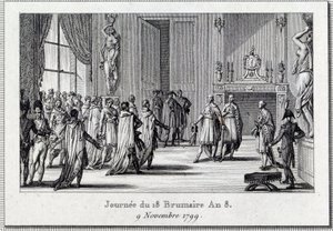 Konsulaatti: "" Napoleon Bonaparte (1769-1821) Saint Cloudin kokouksessa 18. brumaire (9.11.1799)" Napoleon Bonaparten 18 brumairen vallankaappaus viiden sentin (viiden sentin) neuvostossa ) (500 hengen huone), kranaatterien suojaama, päättyy D tekijältä Louis Francois Couche