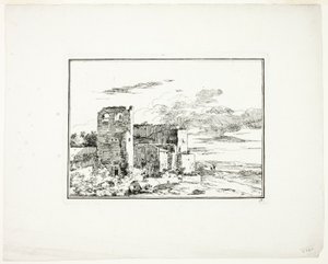 Ruined Buildings near a River Bank, plate 9 from Quatrieme suite de paysages dessinés et grave a l
