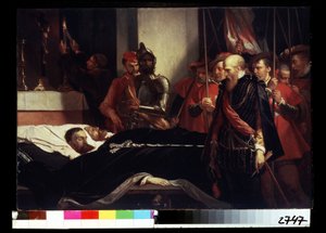 ""Viimeiset kunnianosoitukset Hornin kreiville Philippe de Montmorencylle (1524-1568) ja Lamoralille, Egmontin kreiville (1522-1568) heidän kuolinsängyssään, teloitettiin maanpetoksesta sen jälkeen, kun he olivat kokoontuneet Gueux