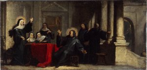 Pyhä Scholastica sai taivaalta sateen ja ukkosen estääkseen pyhää Benedictusta jättämästä häntä. Luonnos maalausta varten Saint-Martin-des-Champsin luostarin ruokasalissa, noin 1706 (öljy kankaalle).