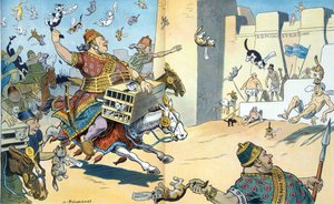 Wall Streetin persialaiset ja Washingtonin egyptiläiset 1907. Kuvitus esittää Pelusiumin taistelua, jossa persialaiset on merkitty "eturistiriidattomiksi".