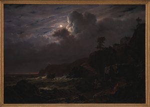 Näkymä Kullenista Ruotsissa. Salakuljettajat piilottelevat tavaroitaan kallioiden sekaan. Kuutamo tekijältä Louis Gurlitt