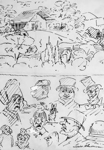 Maisema rakennuksen kanssa (ylhäällä) ja karikatyyri pään tutkiminen (alhaalla). tekijältä Louis H. Sullivan