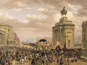 Wellingtonin herttuan hautajaiset, hautajaisauto kulkee Apsley Housen holvikaaren ohi, 18. marraskuuta 1852, kaiverrettu Thomas Pickenin (1838-1870) toimesta, julkaissut Ackermann ja Day, 1853.