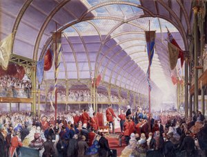 Sir Thomas Fairbairn luovuttaa osoitteen Prince Consortille Art Treasures -näyttelyssä Manchesterissa toukokuussa 1857 (kynä, akvarelli ja guassi paperille) tekijältä Louis Haghe