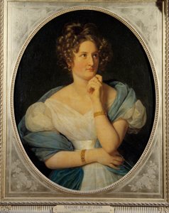Muotokuva ranskalaisesta kirjailijasta Delphine Gaysta (1804-1855), Madame Emile de Girardinista Hänen kirjanimenään on varakreivi Charles de Delaunay. Louis Hersentin (1777-1860) maalaus 1824 su. 0,92 x 0,72 m