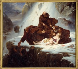 Uskonnolliset Pyhän Gotthardin (San Gottardon) saattohoidossa auttamaan ryöstöistä kärsiviä perheitä Louis Hersentin (1777-1860) maalaus 1824