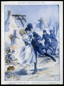 Sotilaat saapuvat kaupunkiin, toinen suutelee naista, "" hurmaava ryöstö", kuvitus: Louis Icart (1888-1950) "" Fantasiossa"" 15.12.1915 tekijältä Louis Icart
