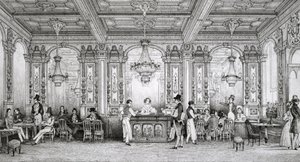 Cafe de la Banque de France, jonka rakensi arkkitehti Dusillon ja joka sijaitsee Place de Victoirella - Schaalin kaiverrus - 1839 - tekijältä Louis Jacques Nicolas Schaal