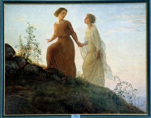 Sielun runo; Vuorella nuori nainen kiipeää musean seurassa vuorelle lyyrisessä ilmapiirissä. Louis Janmotin (1814-1892) maalaus 1800-luvulta. Lyon, Musee Des Beaux Arts - Sielun runo - Vuorella: nuori nainen accom