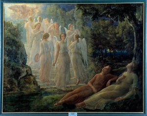 Sielun runo; Kultaiset tikkaat, kohtaus on lyyrinen tunnelma, enkeleillä ja Jumalan hahmolla. Louis Janmotin (1814-1892) maalaus 1800-luvulta. Lyon, musee des Beaux Arts - Sielun runo: kultaiset tikkaat, kohtaus lyriikalla