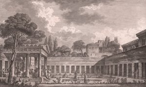 Ihanteellinen Villa of Diomedes Pompejissa sen alkuperäiseen tilaan ennen Vesuviuksen tulivuoren purkausta vuonna 79 jKr, Campania, Italia, etsaus Louis Jean Desprezin (1743-1804) piirustuksen mukaan, noin 21x34 cm tekijältä Louis Jean (after) Desprez