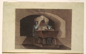 Piirros, Egyptiläiseen tyyliin tehty hautakammio, jossa karyatideja ja leijona, n. 1779-84. tekijältä Louis Jean Desprez
