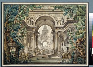 ""La procession au temple"" (Käskentely temppelissä) Skenografia näytelmään. Akvarelli Louis Jean Desprez (1743-1804) Pushkin-museo, Moskova tekijältä Louis Jean Desprez