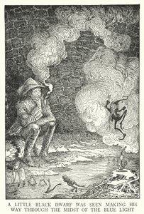 Pieni musta kääpiö nähtiin kulkevan läpi sinistä valoa (litho) tekijältä Louis John Rhead