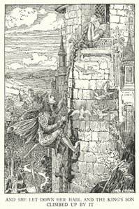 Ja hän laski hiuksensa alas, ja kuninkaan poika kiipesi niiden ohi (litho) tekijältä Louis John Rhead