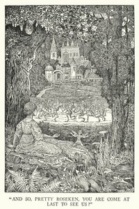 "Ja niin, kaunis Roseken, tulit vihdoin tapaamaan meitä?" (litografia) tekijältä Louis John Rhead