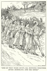 "Ja niin he tekivät seitsemän, kaikki juoksivat yhdessä Dummlingin ja hänen hanhinsa perässä" (litho) tekijältä Louis John Rhead