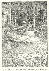 "Ja siellä hän makasi syvässä unessa sohvalla" (litho) tekijältä Louis John Rhead