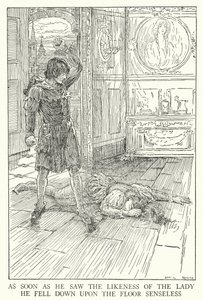Heti kun hän näki naisen kaltaisen, hän kaatui lattialle järjettömänä (litho) tekijältä Louis John Rhead