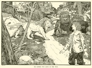 Hän näki kaksi leijonaa matkalla (kaiverrus) tekijältä Louis John Rhead