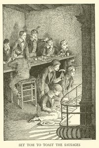 Kuvitus Tom Brownin koulupäiville (kaiverrus) tekijältä Louis John Rhead