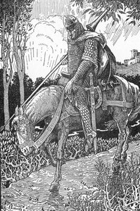 Mordred (Modred) haavat Camlannin taistelun jälkeen isäänsä kuningas Arthuria vastaan (Mordred haavoittui Camlannin taistelun jälkeen) Louis Rheadin (1858-1926) kuvitus teoksesta "Kuningas Arthur ja hänen ritarit" 1923 Yksityinen kokoelma