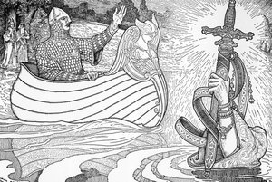 Kuvaus Lady of the Lakesta (fee viviane), Arthurian legendojen hahmo, joka antaa kuningas Arthurille epee Excaliburin (Arthurian legenda: Lady of the Lake (Nimue, Viviane) antaa kuningas Arthurille miekkansa Excaliburin) Louis Rheadin kuvitus (1858) -1