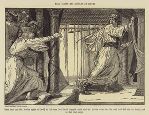 Saul heittää keihään Daavidia kohti tekijältä Louis John Rhead