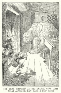 Karhu virnisti viholliselleen, joka hieman huolestuneena juoksi muutaman askeleen taaksepäin (litho) tekijältä Louis John Rhead
