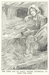 Kokki nousi aikaisin, ennen päivän koittoa ruokkimaan lehmiä (litho) tekijältä Louis John Rhead