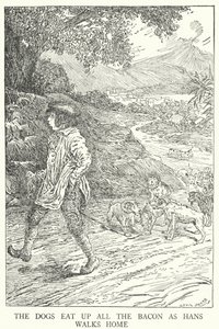 Koirat syövät kaiken pekonin, kun Hans kävelee kotiin (litho) tekijältä Louis John Rhead