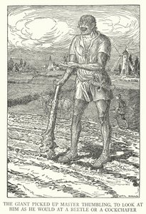 Jättiläinen nosti mestari Thumblingin katsoakseen häntä kuin kovakuoriaista tai kukkomarjaa (litho) tekijältä Louis John Rhead