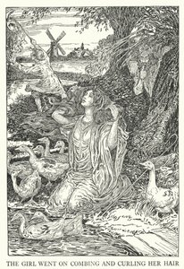 Tyttö jatkoi hiusten kampaamista ja kihartamista (litho) tekijältä Louis John Rhead