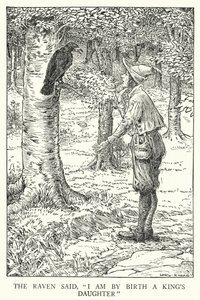 Korppi sanoi: "Olen syntymästäni kuninkaan tytär" (litho) tekijältä Louis John Rhead