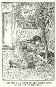 Hän laittoi ne vihreään ruohoon katajan alle (litho) tekijältä Louis John Rhead