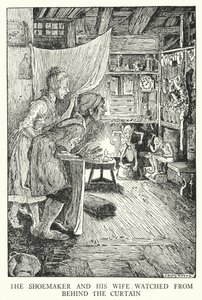 Suutari ja hänen vaimonsa katselivat verhon takaa (litho) tekijältä Louis John Rhead
