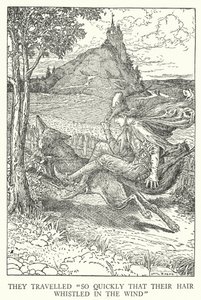 Matkustivat "niin nopeasti, että heidän hiuksensa vihelsi tuulessa" (litho) tekijältä Louis John Rhead