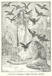 "Kaksitoista korppia lensi alas" (litho) tekijältä Louis John Rhead
