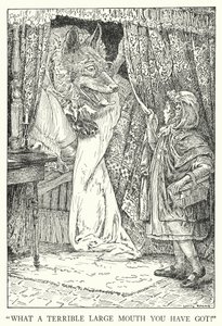 "Mikä hirveän suuri suu sinulla onkaan!" (litografia) tekijältä Louis John Rhead