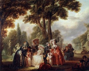 Koottuna puistossa Maallinen aatelisten jälleennäkeminen puutarhassa. Louis Joseph Watteau dit Watteau de Lille (1731-1798) maalaus. 1700-luvulla. Pariisi. Musee Cognacq Jay