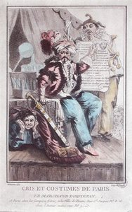 Orvietan Seller, "Cris et Costumes de Paris", kaiverrus Guyot (värillinen kaiverrus) tekijältä Louis Joseph Watteau