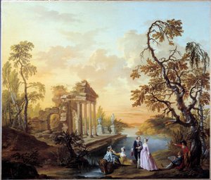 Tribute to Love Romantic Scene muinaisten raunioiden maisemassa iltahämärässä. Louis Joseph Watteau dit Watteau de Lille (1731-1798)
