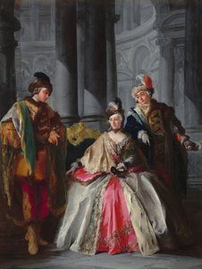 Kolme naamiaiseen pukeutunutta hahmoa, n. 1740-luku.